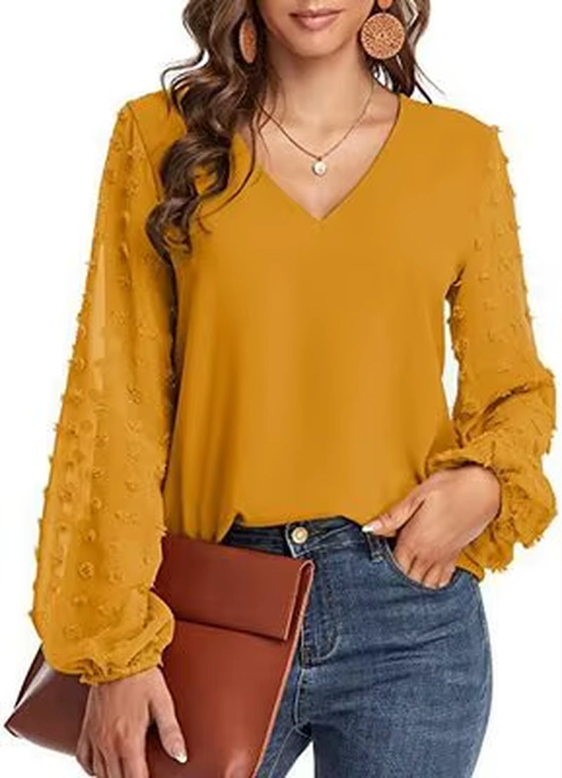 2025 Women'S Top Pearl V Neck Lace Gauze Puff Sleeve Bottoming Shirt Ladies Blouse