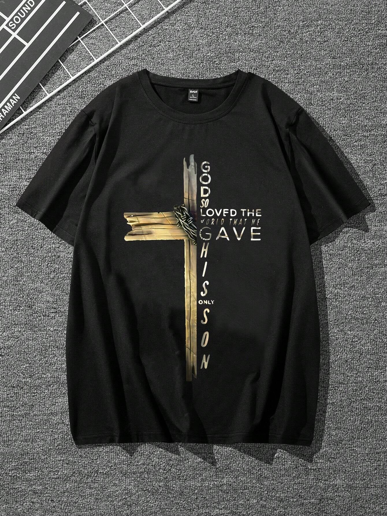 Manfinity LEGND Men Letters and Cross Print round Neck Short Sleeve Casual T-Shirt, Boyfriend Gift, for Work