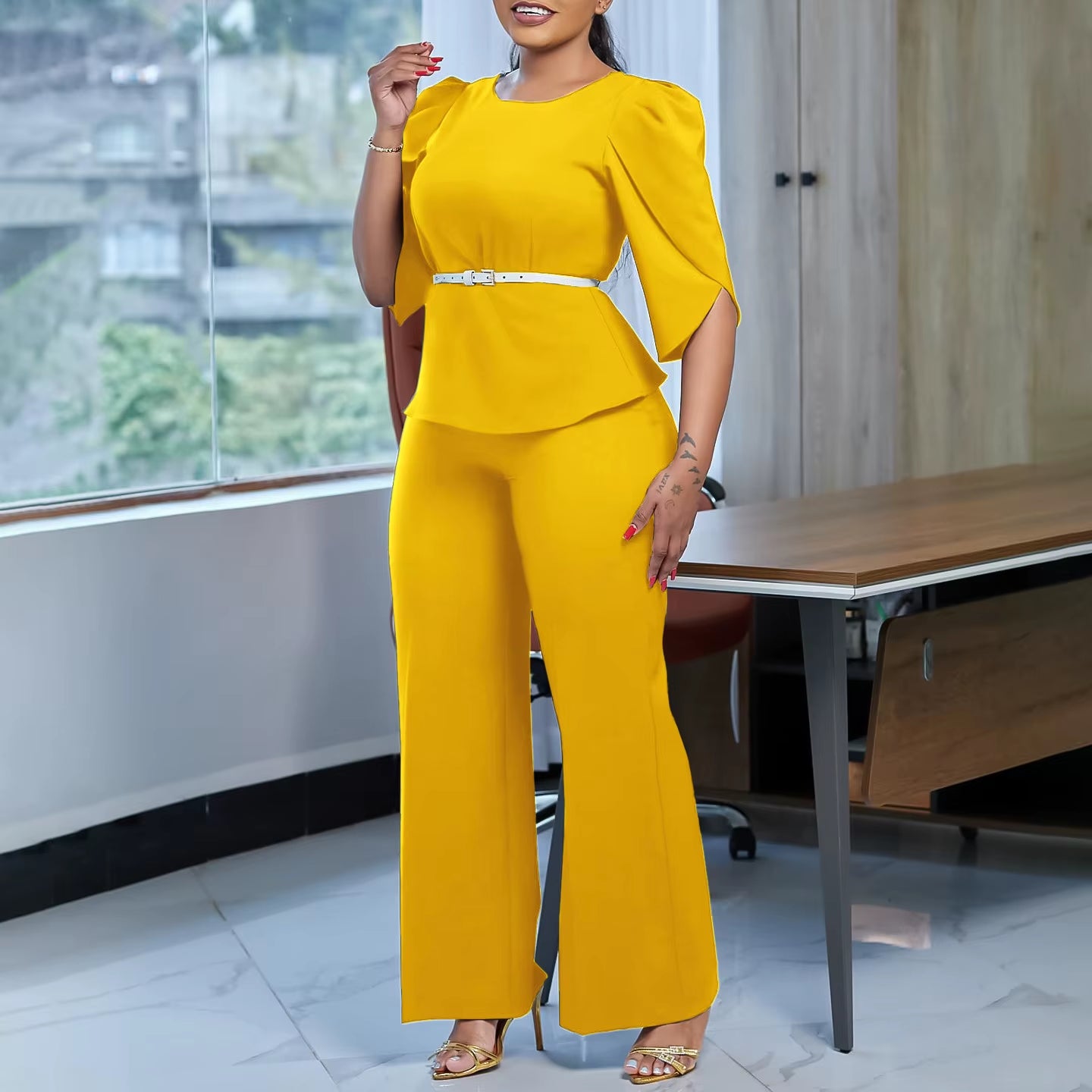 2025 New Elegant Suit O-Neck Half Sleeve with Belt Shirt Blouse Top Wide Leg Pants Two Piece Lady Summer Office Set for Women
