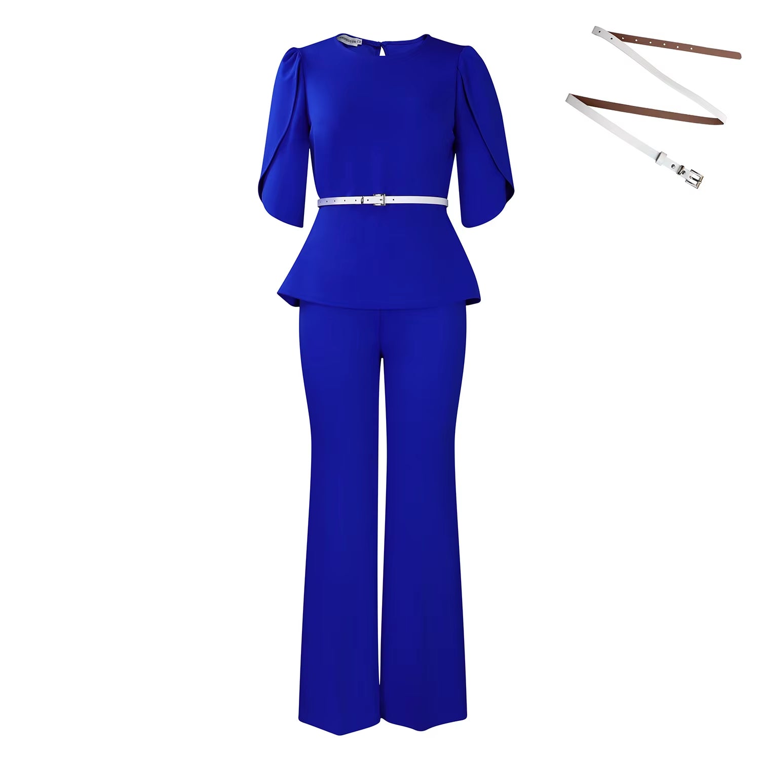 2025 New Elegant Suit O-Neck Half Sleeve with Belt Shirt Blouse Top Wide Leg Pants Two Piece Lady Summer Office Set for Women