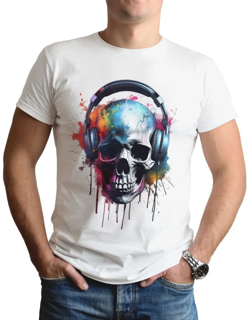 Cyberpunk-Style Skull Headphone Print Cotton T-Shirt Colorful Unisex Top For Music Festivals Men's And Women's Clothing