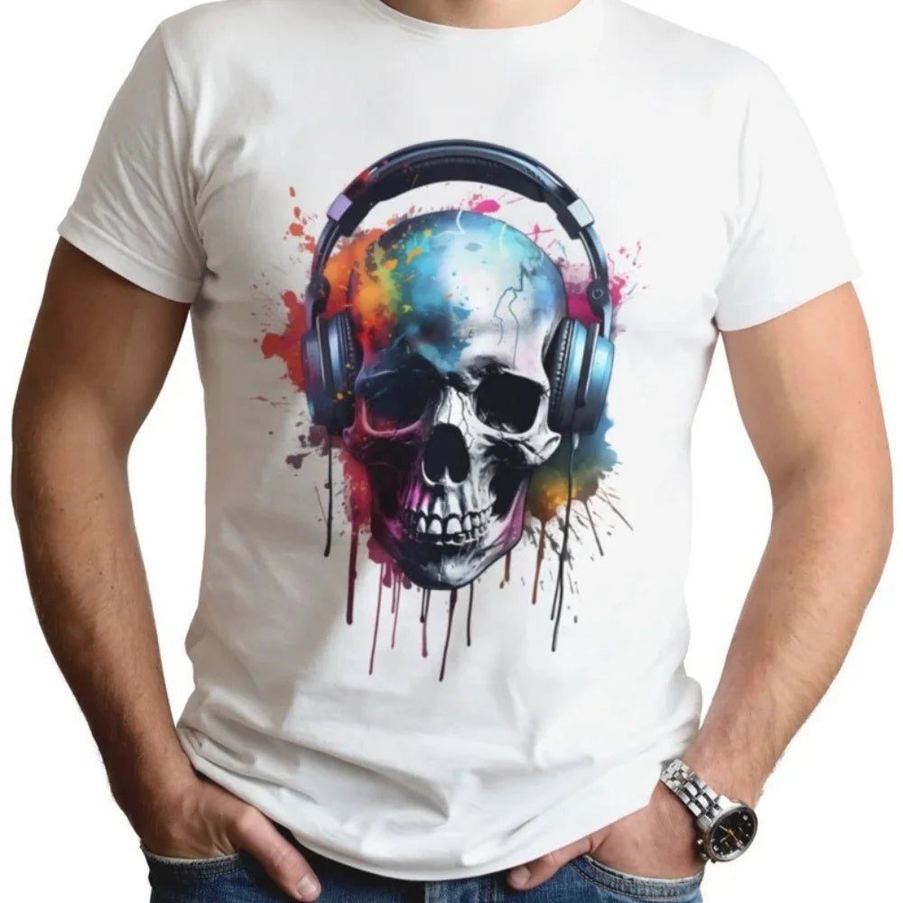 Cyberpunk-Style Skull Headphone Print Cotton T-Shirt Colorful Unisex Top For Music Festivals Men's And Women's Clothing