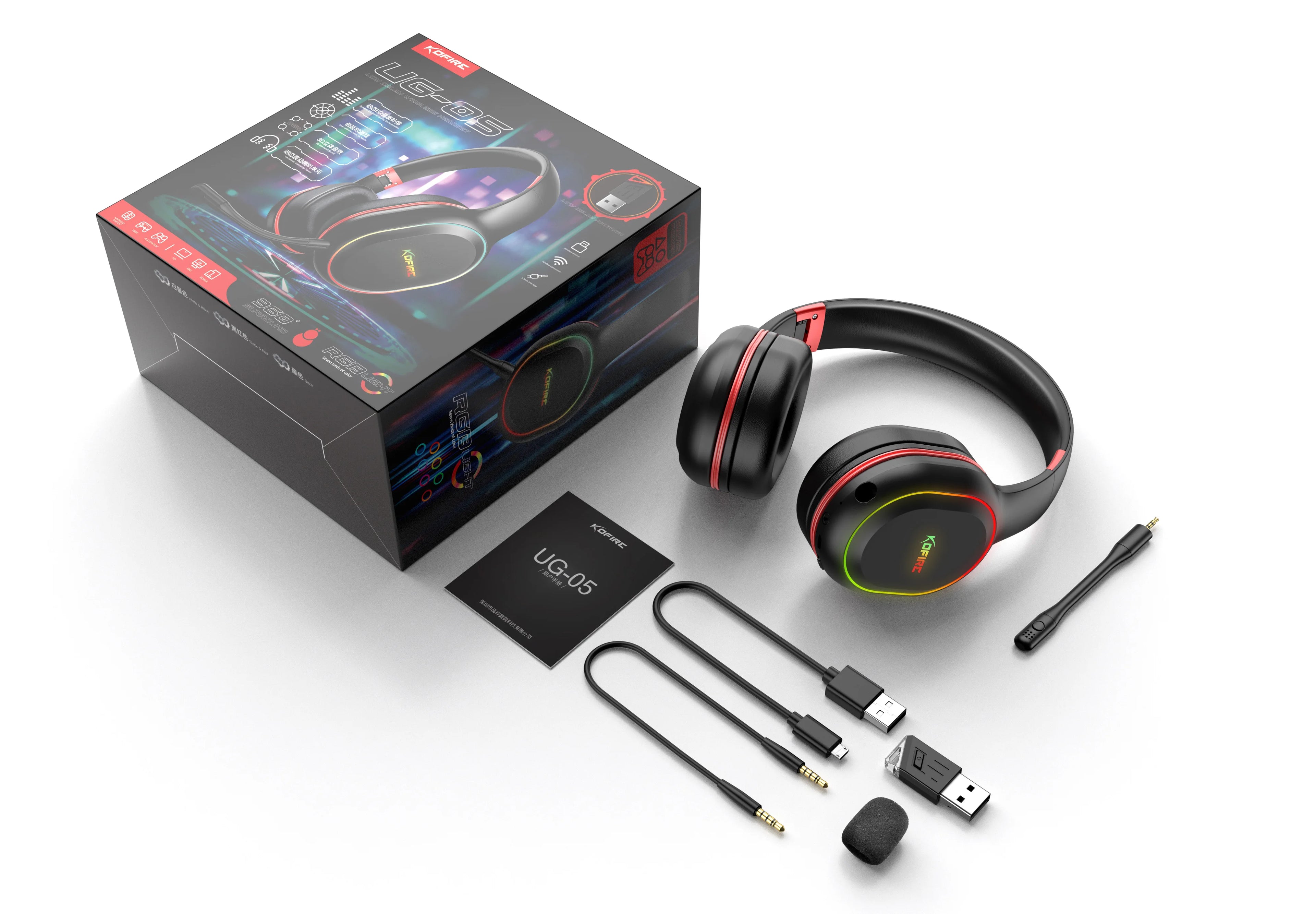 Kofire UG-05 Gaming Headphones 2.4G BT5.0 Wireless Headset With Mic RBG Light Vibration Bluetooth Earphone For PS4 PS5 PC Switch