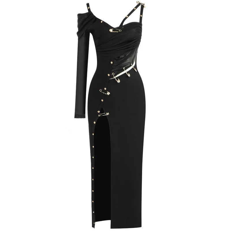 2021 New Women's High Quality Black Long Sleeve One Shoulder Open Fork Rayon Bandage Dress Party Bodycon Long Dress Vestidos