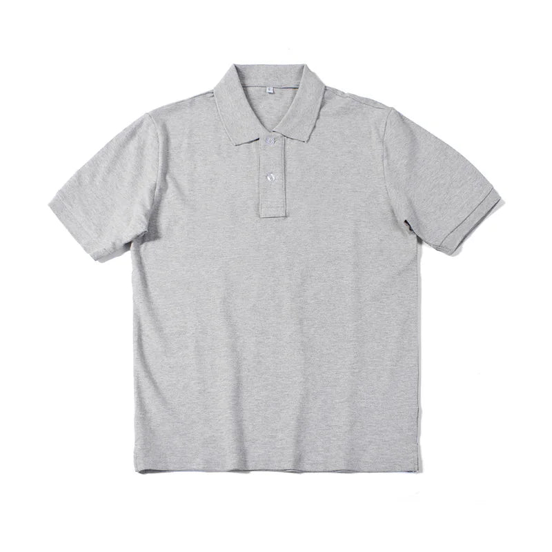 Amekaji Vintage Gray Polo Shirt Men Heavy Weight Cotton Lapel Short Sleeve T-shirt Spring Autumn Solid Color Basic Loose Tees