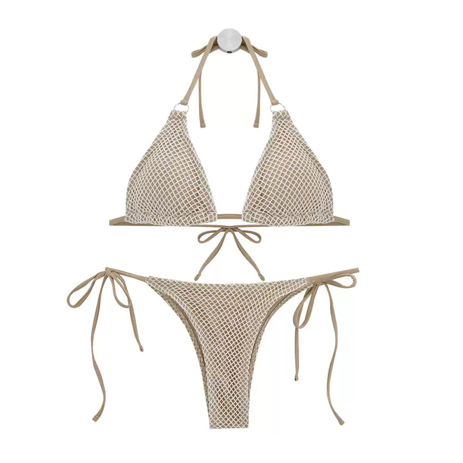 Bikini Swimsuit Women's Fashion Instagram Mesh Red Wind Vacation Sexy Little Chest Gathered Grid Vacation Separates Swimsuit