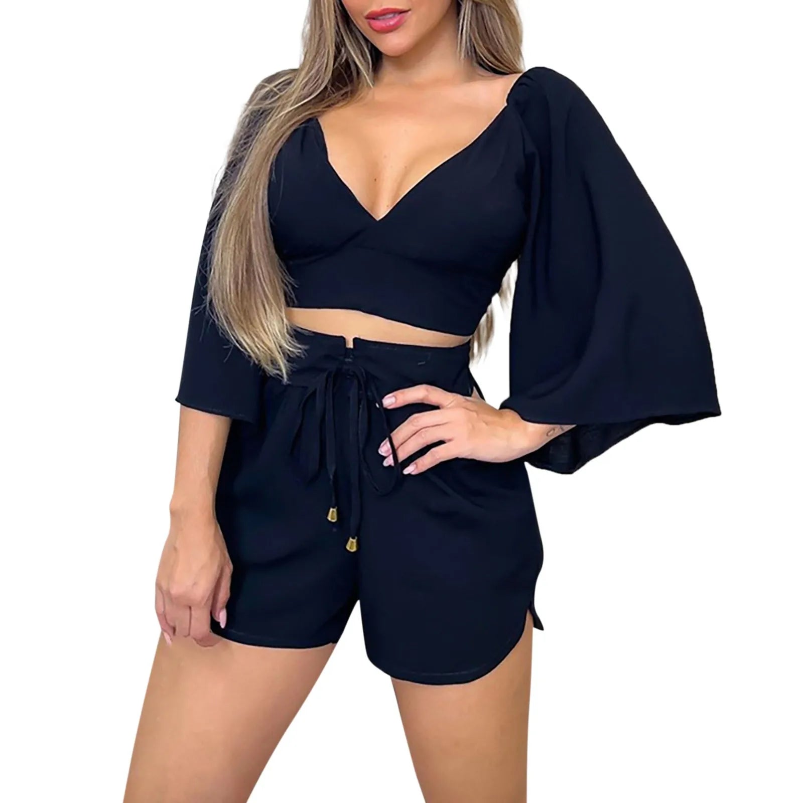 muslin suit for women V Neck Backless Flared Sleeve Shirt High Waist Shorts Fashion Casual Suit conjunto verano mujer