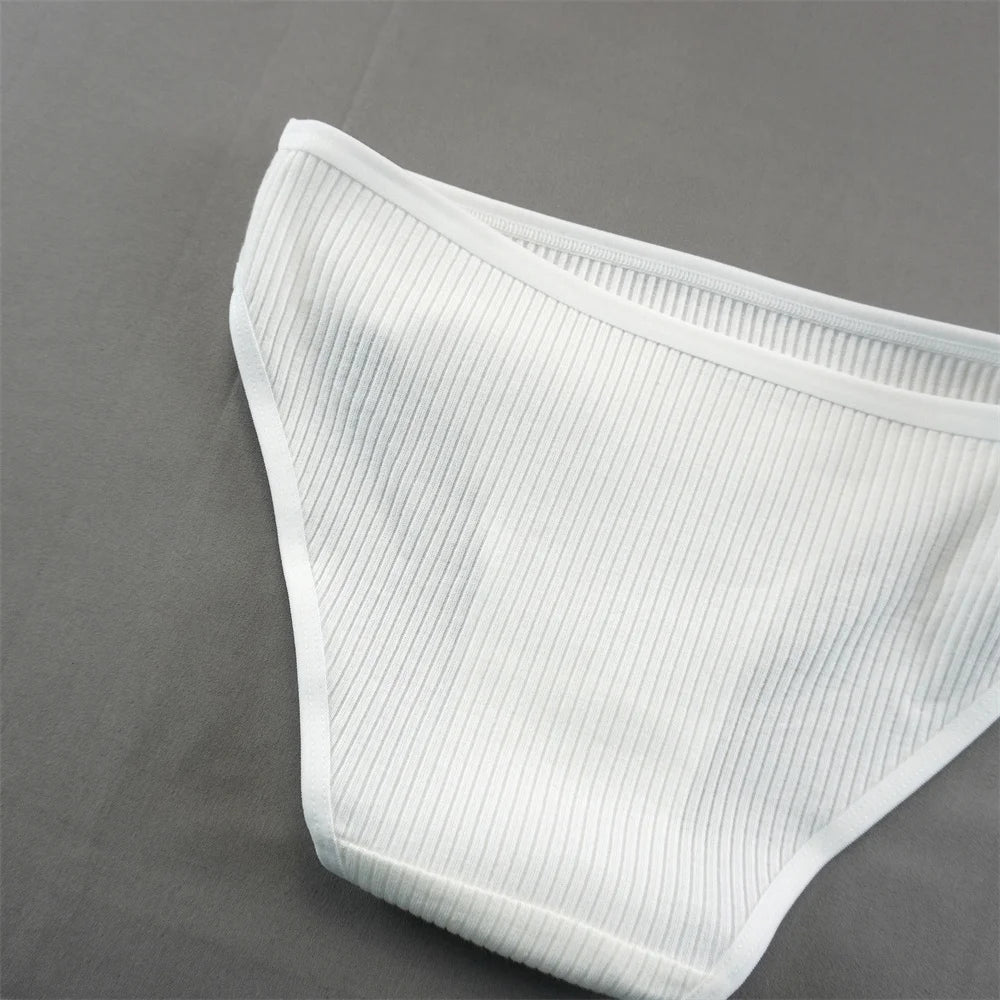5Pcs White Ribbed Cotton Panties Women Breathable Low Rise Simple Panty Girls Bikini Briefs Sports Underwear