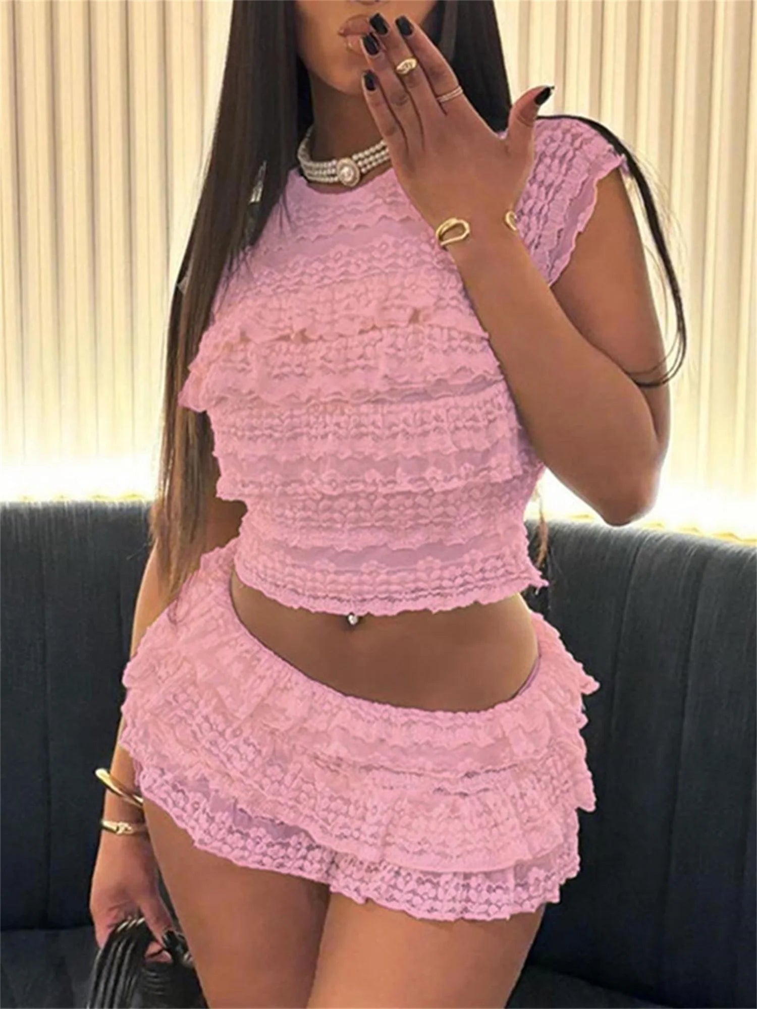Women s Lace Crop Top and High Waisted Shorts Set with Short Sleeves and O Neckline Tiered Lace Design for a Stylish Look