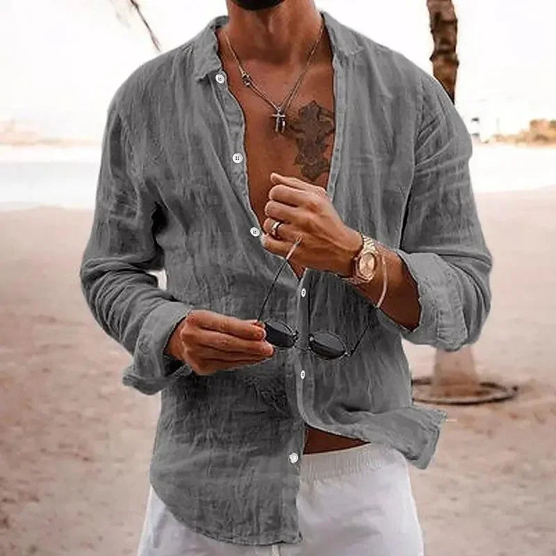 2025 Spring/Autumn New Style Loose Long Sleeve Linen Comfortable Men's Shirt Solid Color Turn-Down Collar Casual British Style