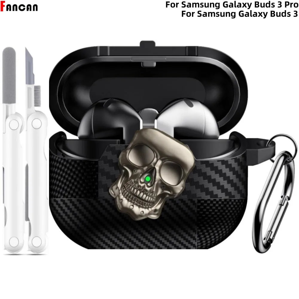 New For Samsung Galaxy Buds 3 Pro with Keychain & Cleaner Kit Funny Skull Carbon Fiber Protective Case For Samsung Galaxy Buds 3
