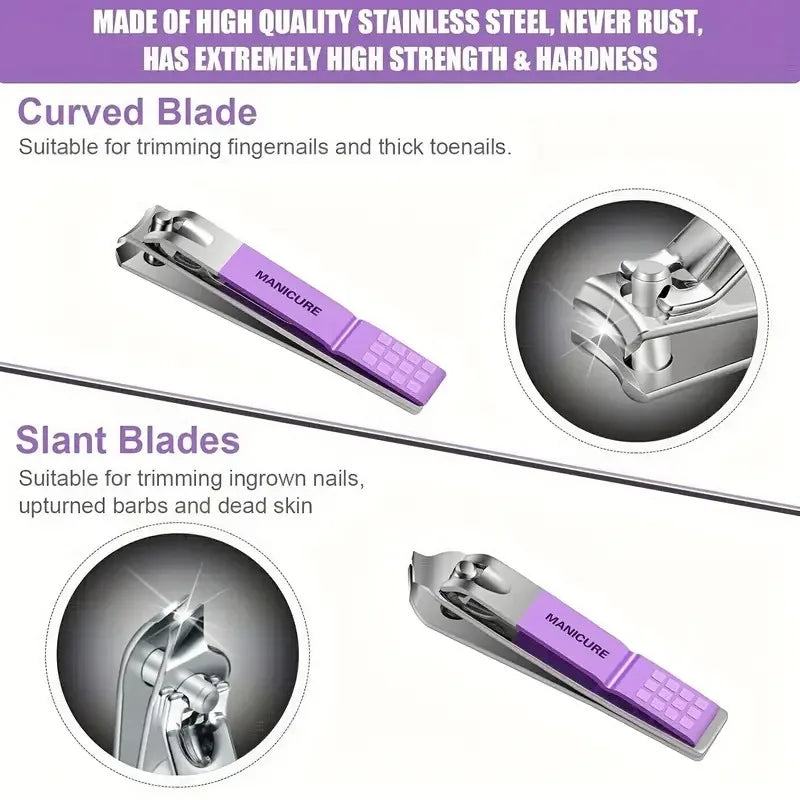 16pcs Home Multi-functional Purple Stainless Steel Manicure Kit - Modern Style Nail Clipper Kit with Straight Edge File, Ear Sco