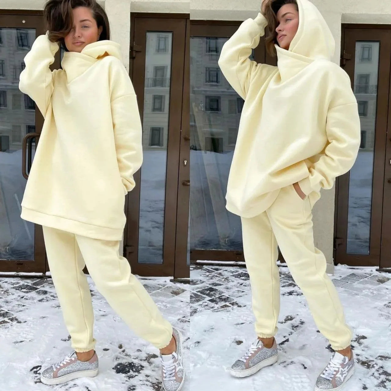 Winter Women's Tracksuit Two Piece Sets Solid Long Sleeve Hooded Running Sports Suit Warm Hoodie Sweatshirts Long Pant