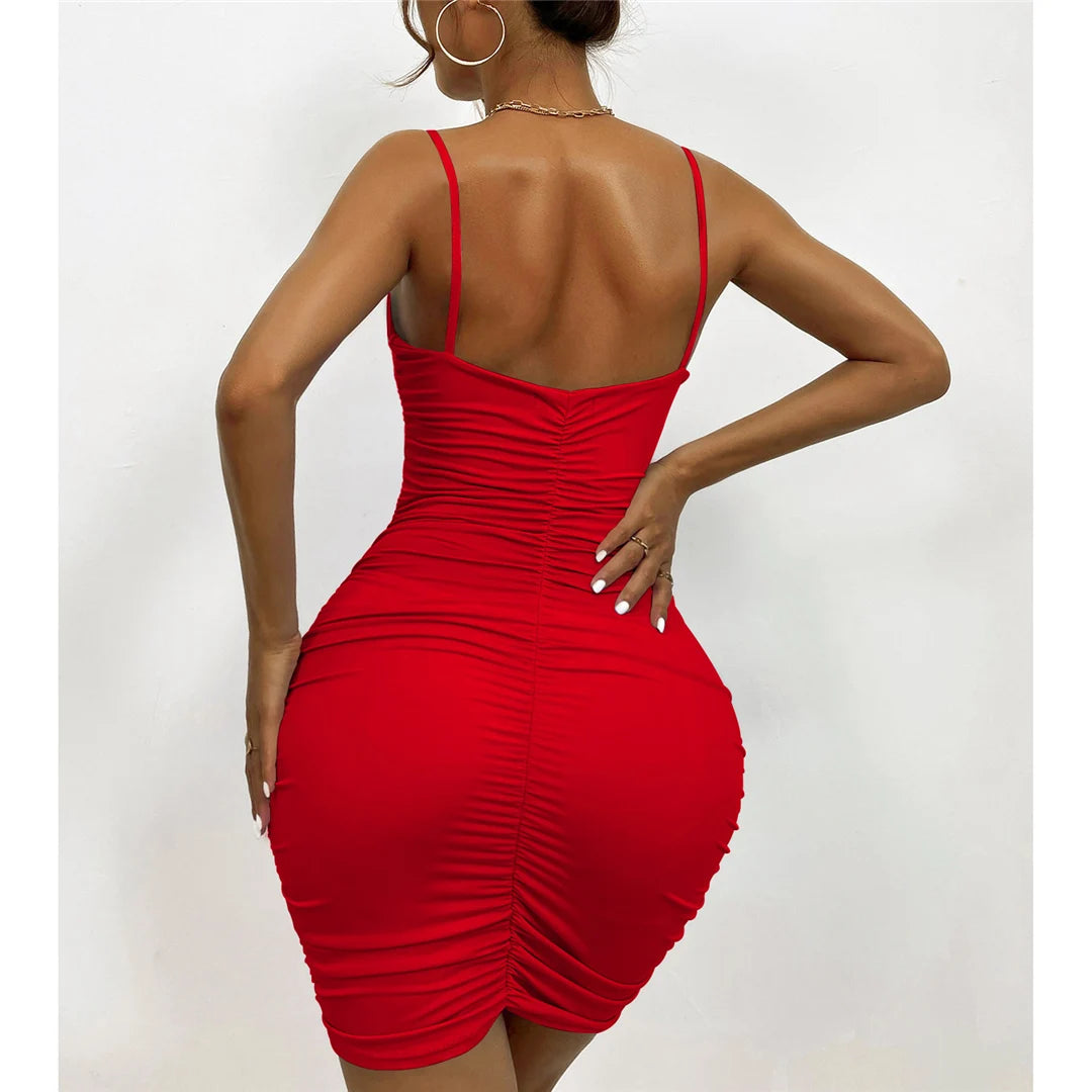 XS - L Sexy Ruched Pleated V Neck Sling Dress Short Club Lady Elegant Summer Bodycon Dress Evening Party Tight Mini Dress VD007