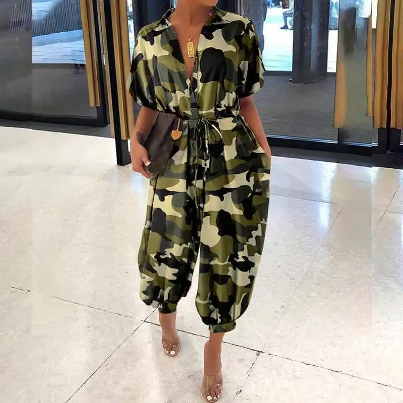2025 Summer New Dot Leopard Print Jumpsuit Women Short Sleeve Leace-up Pocket Casual Jumpsuits Fashion Vintage Ladies Bodysuits