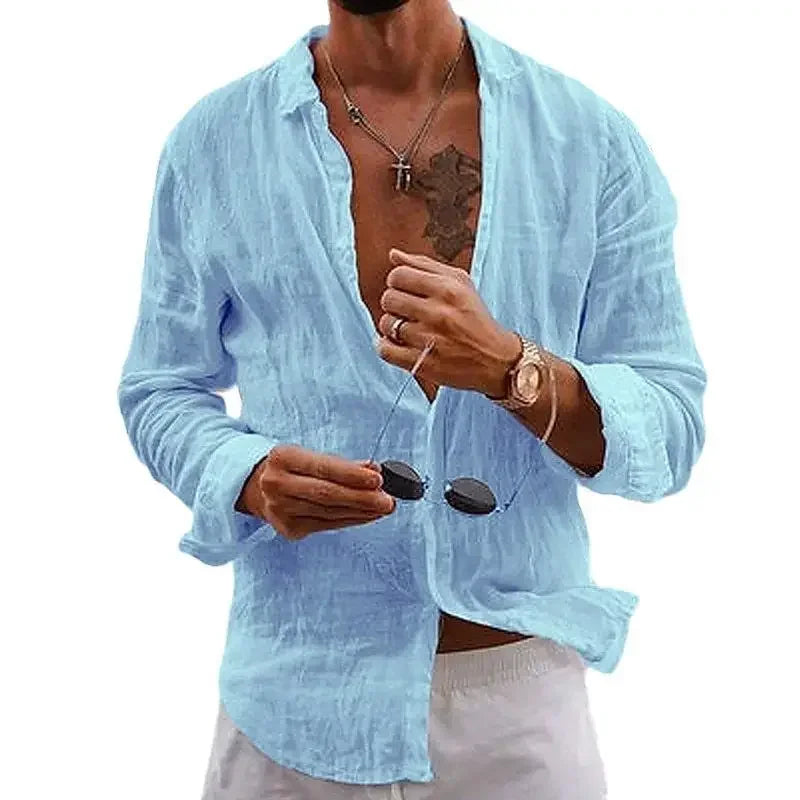2025 Spring/Autumn New Style Loose Long Sleeve Linen Comfortable Men's Shirt Solid Color Turn-Down Collar Casual British Style