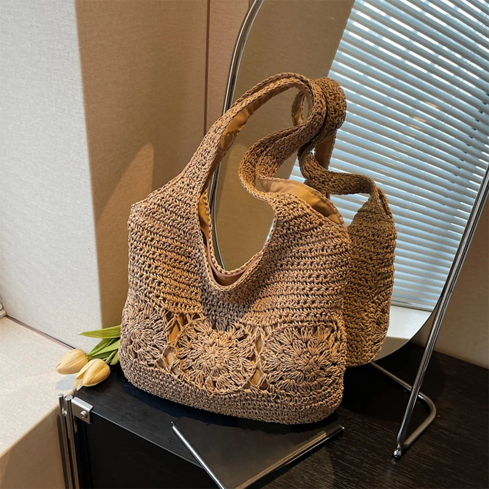 Large Straw Beach Bag Summer Shoulder Bag Handbag Hobo Bag Shoulder Purse for Women Travel Vacation