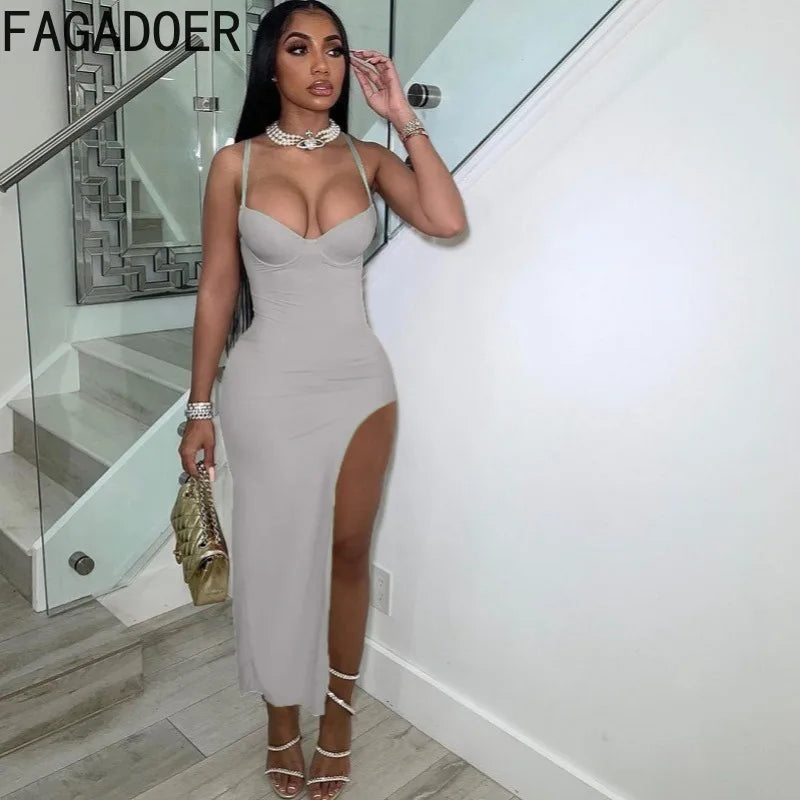 FAGADOER Sexy High Slit Bodycon Long Dress Women Solid Color Spaghetti Strap Backless Dresses Female Streetwear Vestidos 2025