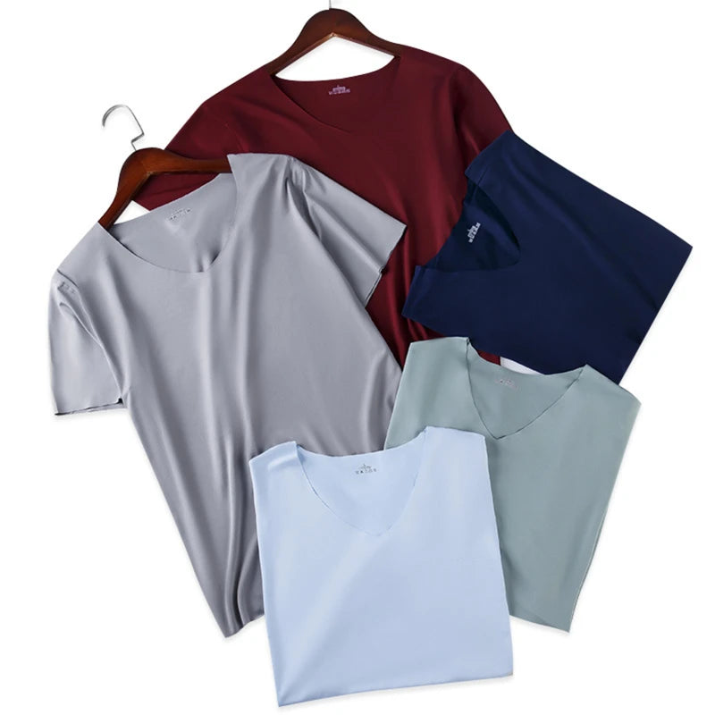 2024 Men's Thin Short Sleeve Ice Silk Without Summer Solid Color T Shirt Trace Slim V-neck Bottoming Seamless Short Sleeve