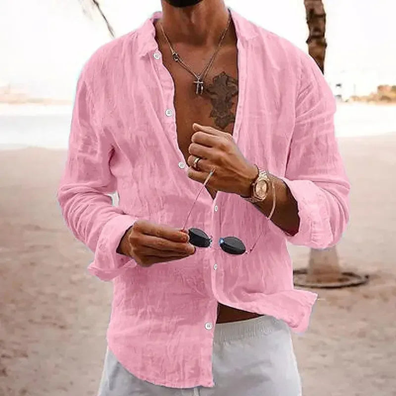 2025 Spring/Autumn New Style Loose Long Sleeve Linen Comfortable Men's Shirt Solid Color Turn-Down Collar Casual British Style