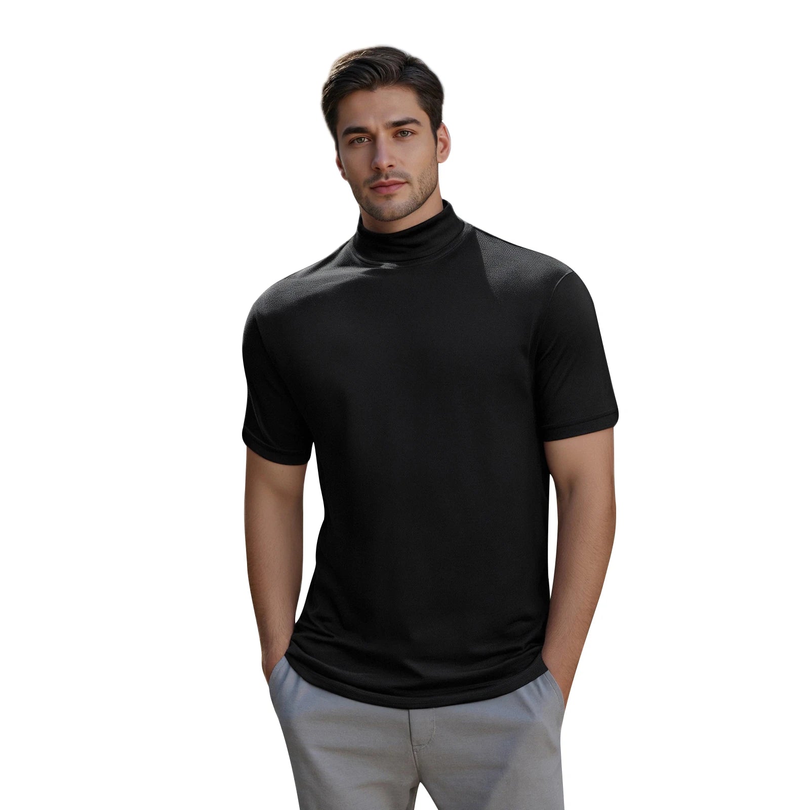 Men s Casual Short Sleeve T-Shirt  Fit Solid Color High Neck Summer Basic Tee Simple Tops for Everyday Wear