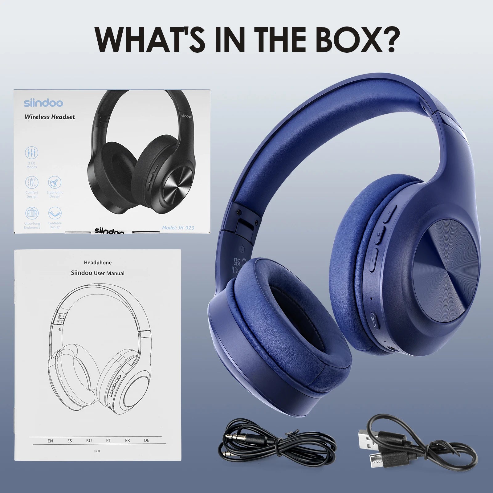 Siindoo JH-923 Wireless Headphones Over Ear,Foldable Bluetooth Headsets,3EQ Sound Modes, Hi-Res Audio with Deep Bass Microphone