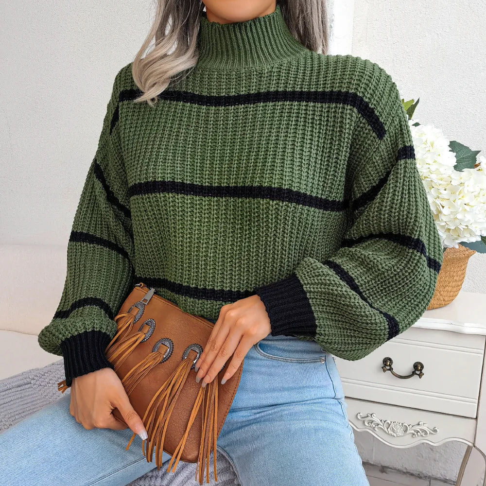 Autumn Winter Stripe Sweaters Pullovers Women New Solid Color Long Sleeved Jumpers Fashion High Neck Warm Pullover Knitwears Top