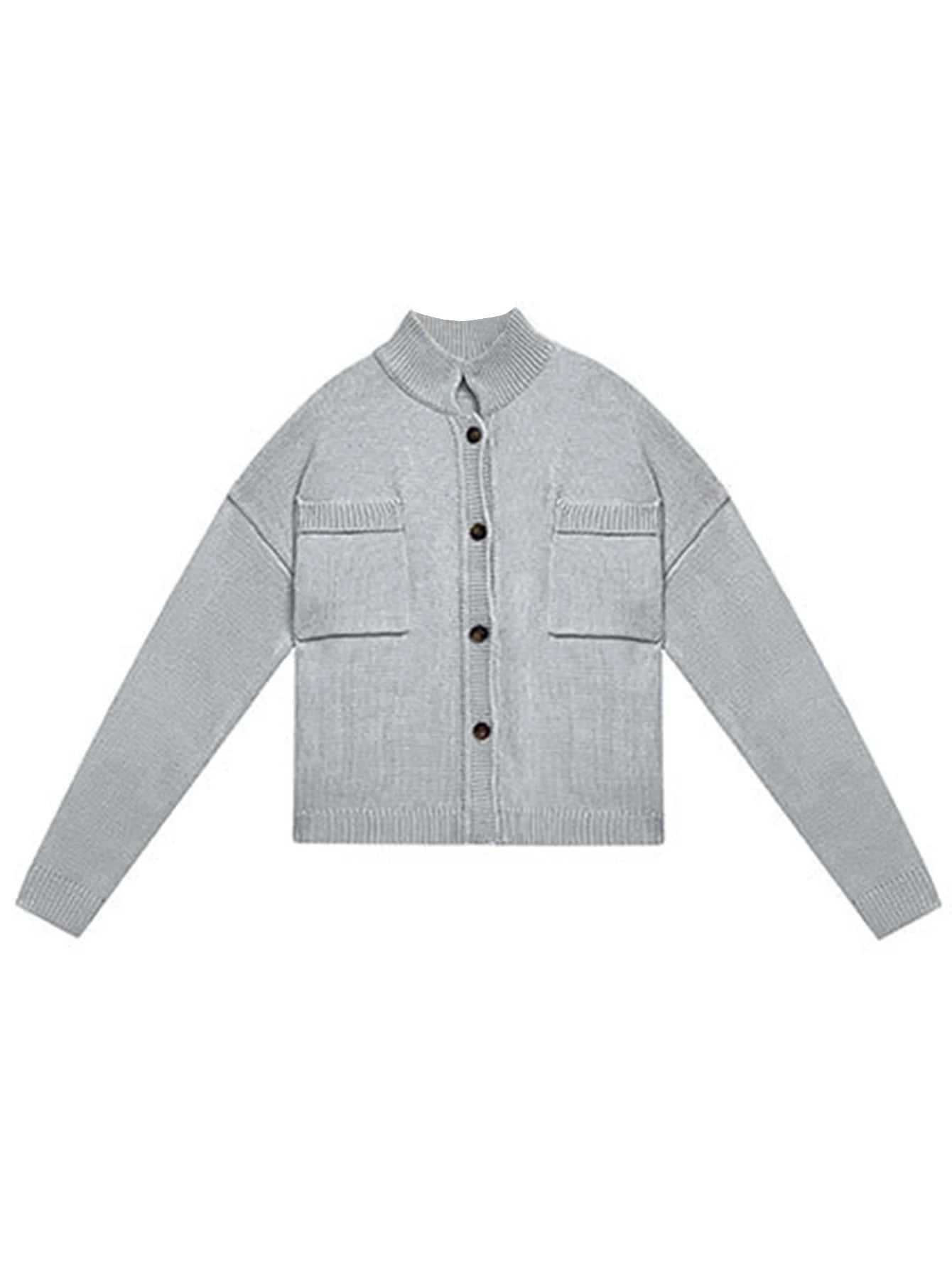 Women Cardigans Long Sleeve Button Up Knit Cardigan with Pockets Stand Collar Causal Fall Warm Sweater Solid Color Comfy Outwear