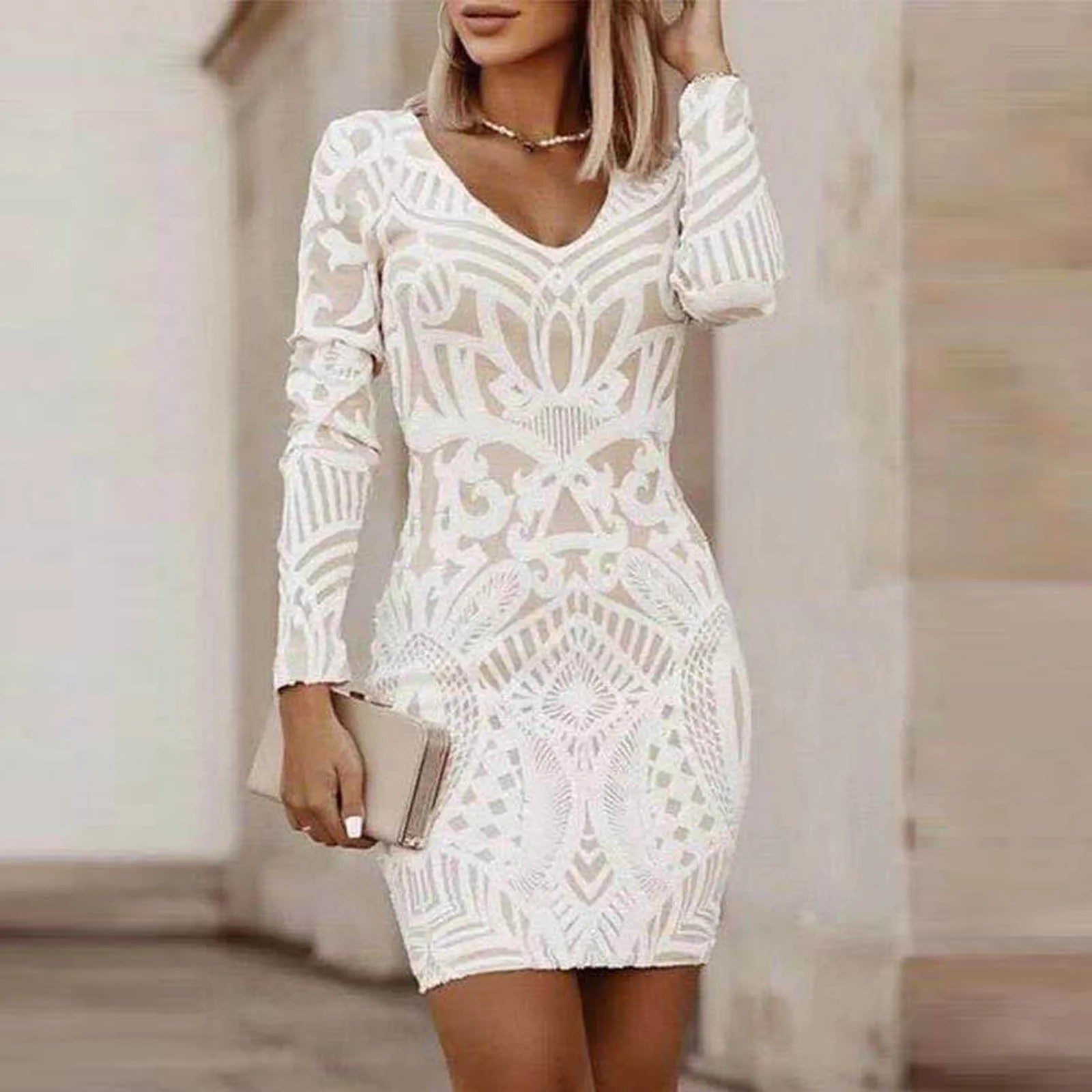 Women's Long Dresses V Neck Lace Slim Mini Dress Sexy Hips  Wrap Hollow Out Mini Dress Fashion Cocktail Banquet Party Dress