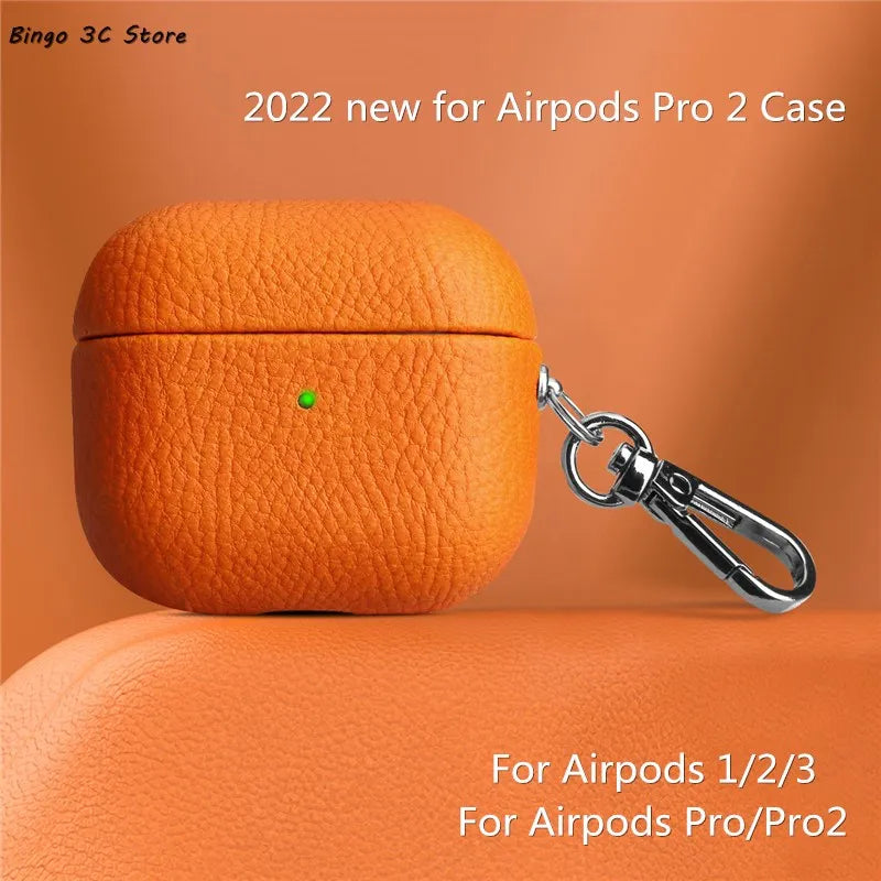 Genuine Leather For AirpPods Pro 2 Case AirPods 1 2 3 cover Bluetooth Earphone Accessories Lychee Pattern Cowhide With Buckle