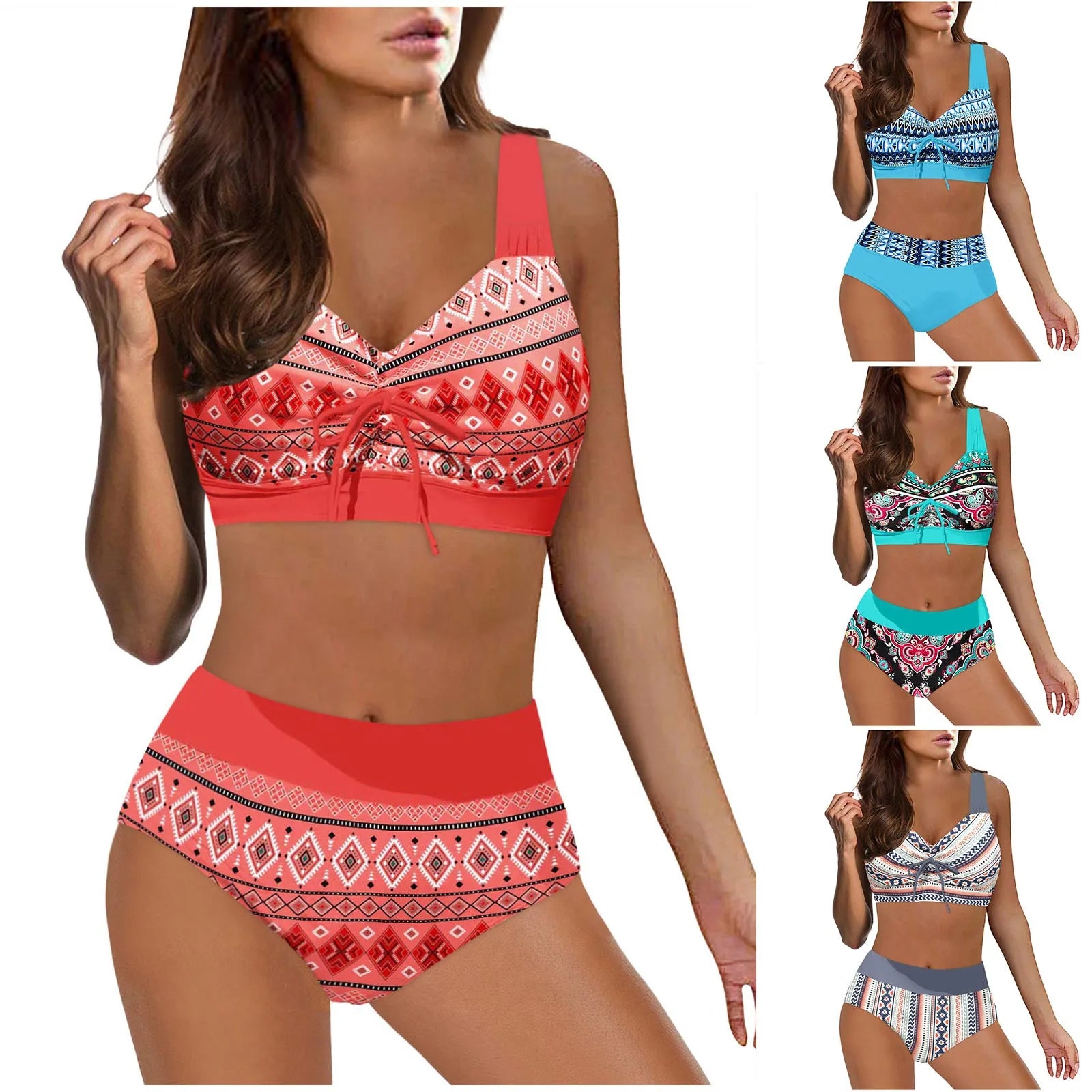 Womens Swimsuits Big Breast Elastic High Waisted Bikinis Sexy Push Up Two Pieces Bathing Suit Ladies Vintage Printed Biquinis