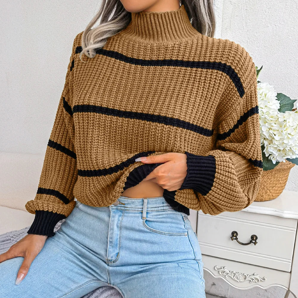 Autumn Winter Stripe Sweaters Pullovers Women New Solid Color Long Sleeved Jumpers Fashion High Neck Warm Pullover Knitwears Top