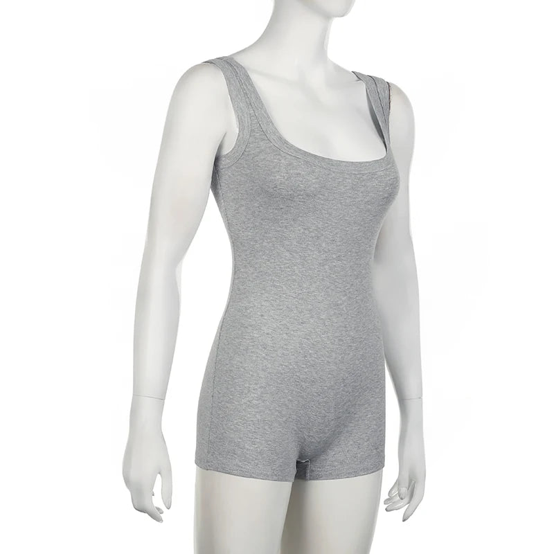 BIIKPIIK Solid Square Collar Women Rompers Casual Sleeveless Knit Playsuits Sporty Jogging Slim Fit Overalls Body-shaping Summer
