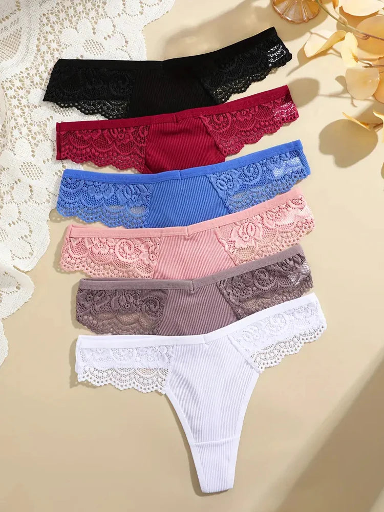 FINETOO 7Pcs Women's Cotton Lace Thongs Sexy Solid Color G-string Low Waist Breathable Bikini Lingerie Female Comfort Panties