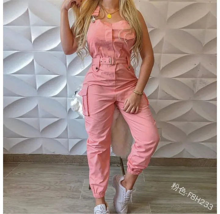 Autumn Women's Clothing Bodysuit Jumpsuit 2023 Simple Zipper Cargo High Waisted Conjoined Body Pants Sleeveless Strap Trousers