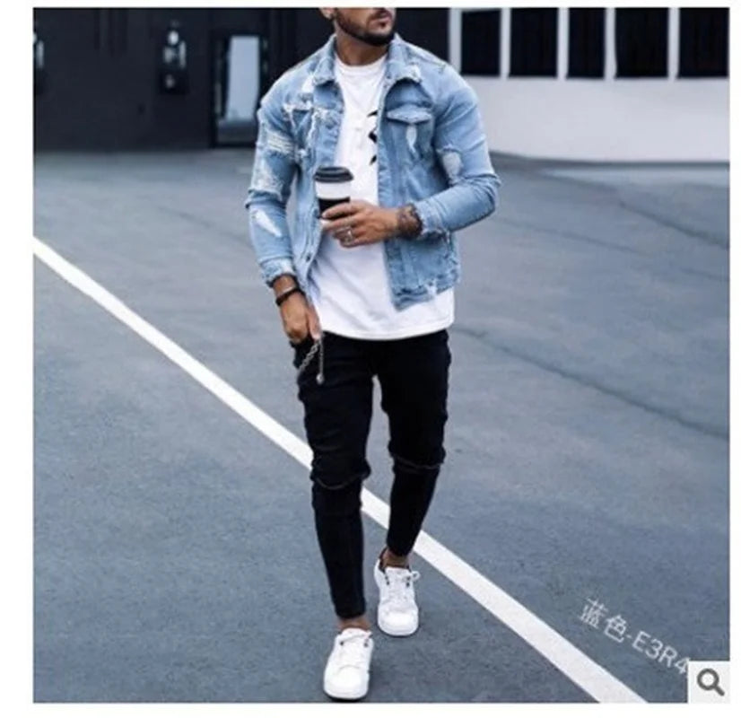 Fashion Men Jackets Spring Autumn New Lapel Men's Denim Jacket Holes Irregular Washing Jacket Men Long Sleeve Cardigan Tops
