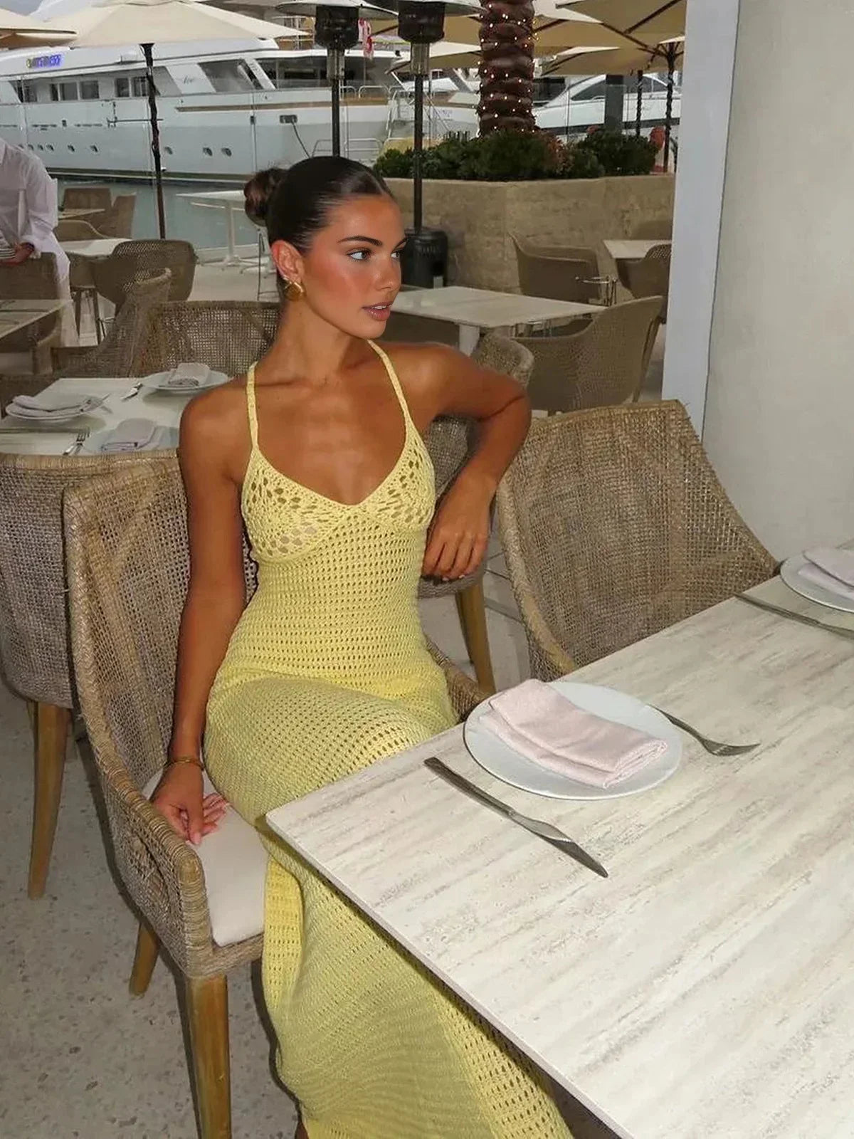 Solid Colour Sexy Knit Cut Out Holiday Beach Dresses Women's 2025 Summer Sexy V-Neck Spaghetti Strap Bodycon Maxi Dress K32