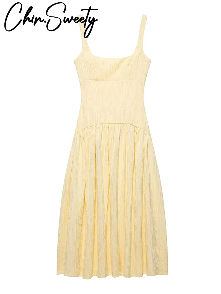 Elegant Pleated Long Dress Women Slim Square Neck Backless Sleeveless Female Sling Dresses 2025 Summer Lady Solid A-line Robe