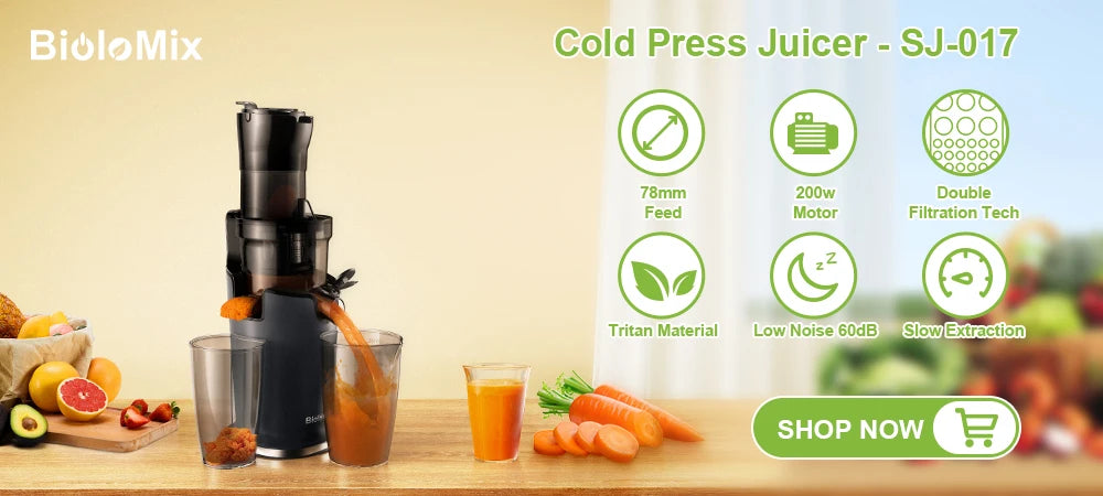 BioloMix Cold Press Juicer with 78mm Feed Chute, 200W 40-65RPM Powerful Motor Slow Masticating Juice Extractor Fits Whole Fruits