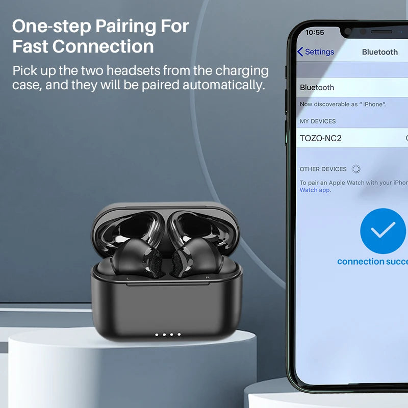 Refurbished TOZO NC2 ANC In Ear Earphones Wireless Earbuds With Mics Noise Cancelling 35dB HiFi Stereo Deep Bass Touch Control