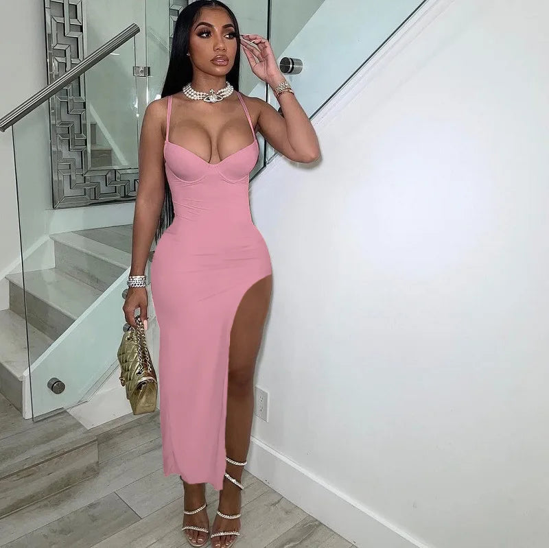 FAGADOER Sexy High Slit Bodycon Long Dress Women Solid Color Spaghetti Strap Backless Dresses Female Streetwear Vestidos 2025