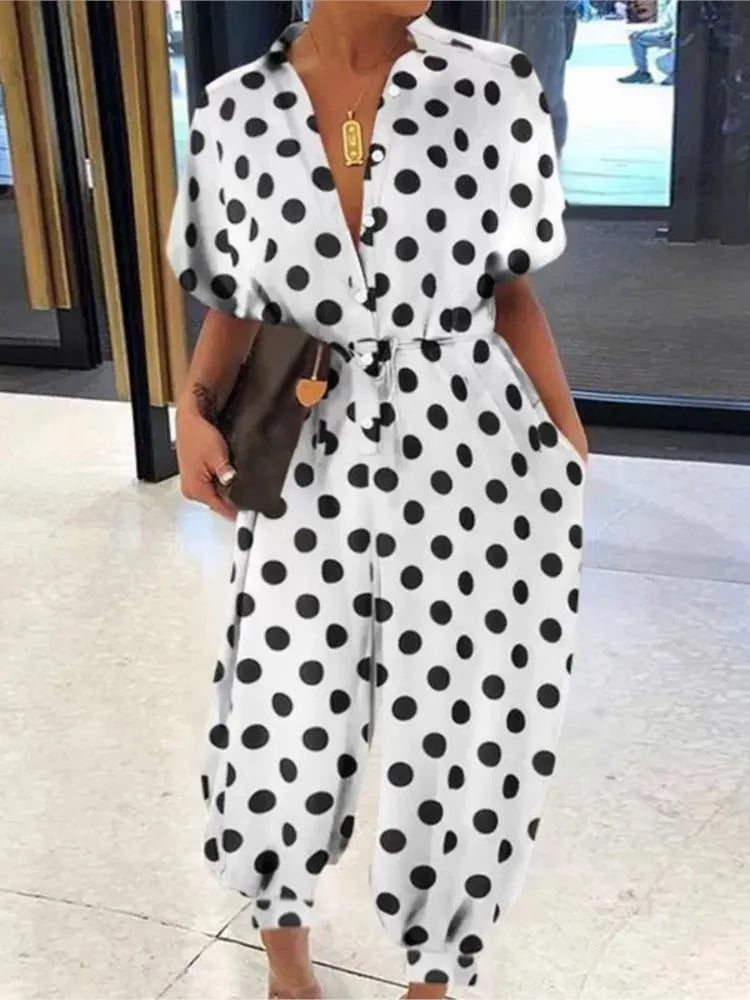 2025 Summer New Dot Leopard Print Jumpsuit Women Short Sleeve Leace-up Pocket Casual Jumpsuits Fashion Vintage Ladies Bodysuits