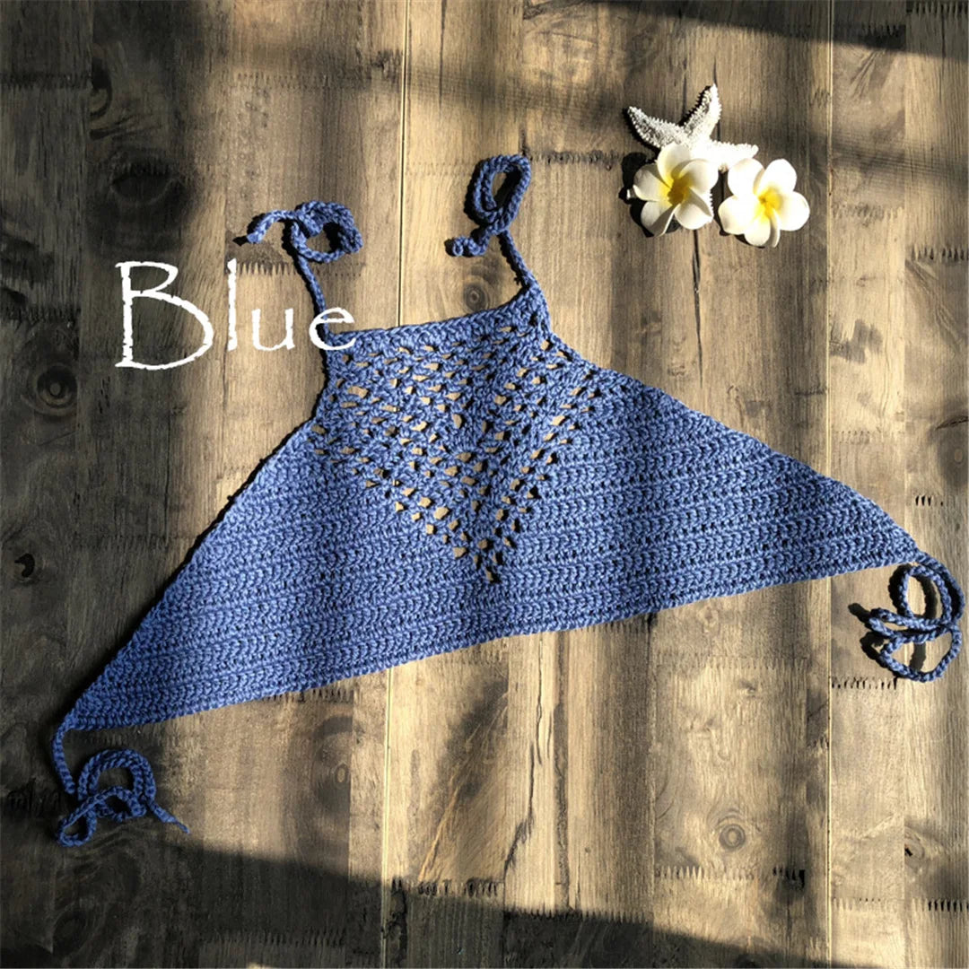 7 Colors Crochet Knitted Halter Bikini Top Female Swimsuit Women Swimwear Bather Bathing Suit Swim Hollow Out Beach Top V4192
