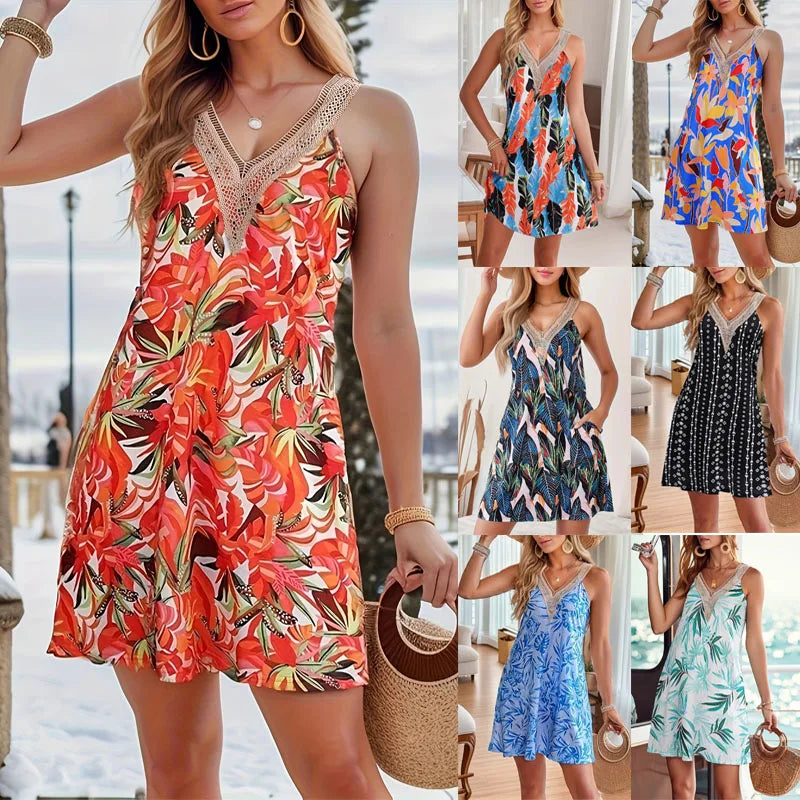 Women's Lace V-Neck Sundress 2025 Summer Beachwear Sleeveless Tropical Print Casual Short Dress Vacation Outfit