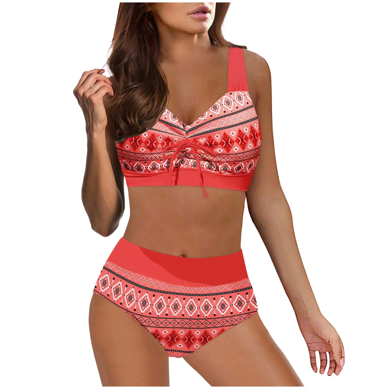 Womens Swimsuits Big Breast Elastic High Waisted Bikinis Sexy Push Up Two Pieces Bathing Suit Ladies Vintage Printed Biquinis