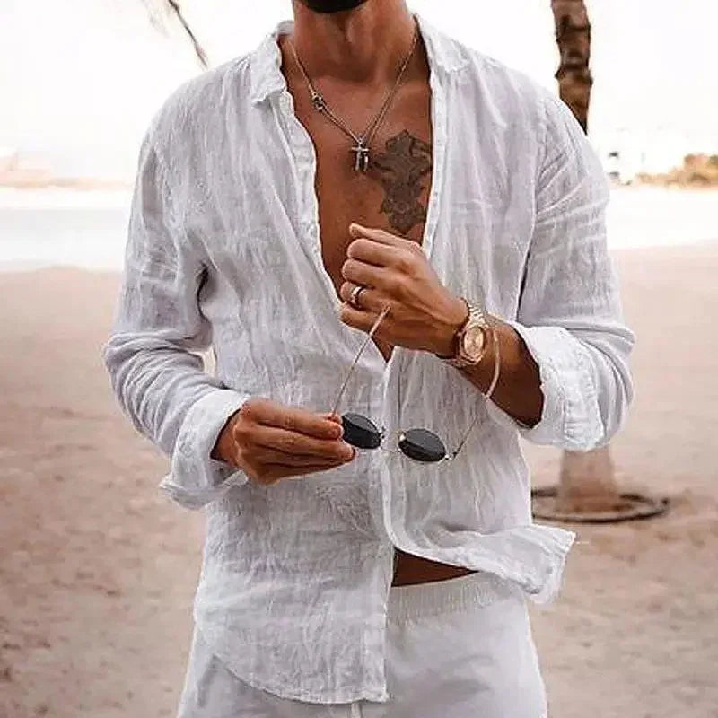 2025 Spring/Autumn New Style Loose Long Sleeve Linen Comfortable Men's Shirt Solid Color Turn-Down Collar Casual British Style