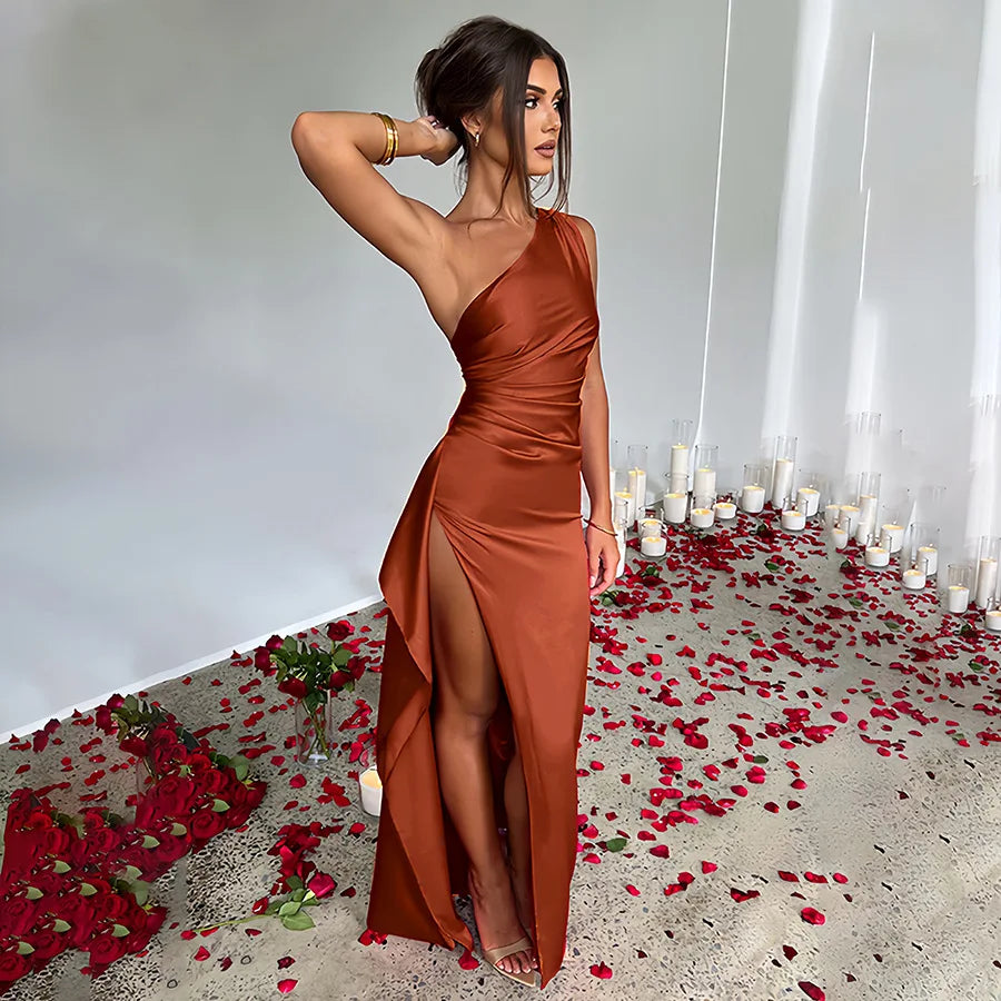 Summer Sexy One Shoulder Satin Long Dress For Women Sleeveless Backless High Split Party Evening Dresses Elegant Cocktail Dress