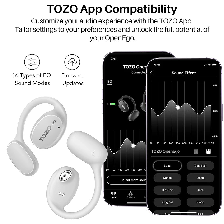Refurbished TOZO OpenEgo Headsets Open Ear Headphone Bluetooth Dual Mic Clear Call Earphones with Earhooks IPX5 Water-resistant