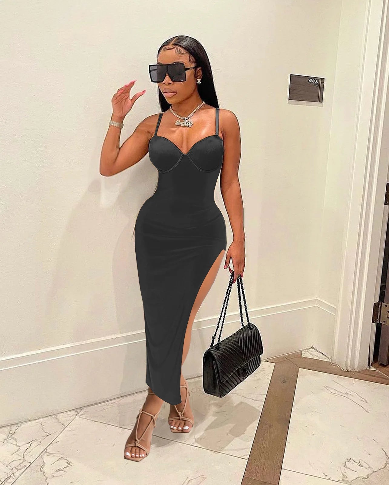 FAGADOER Sexy High Slit Bodycon Long Dress Women Solid Color Spaghetti Strap Backless Dresses Female Streetwear Vestidos 2025