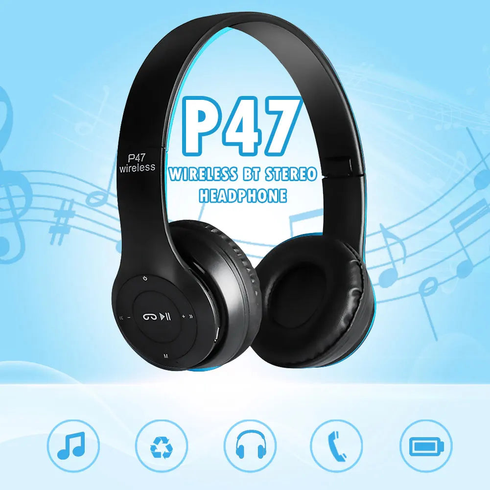 P47 Wireless Over Ear Headset Noise Cancelling Bluetooth-Compatible 5.0 Game Headset Card Mp3 Player Built-in Mic for Smartphone